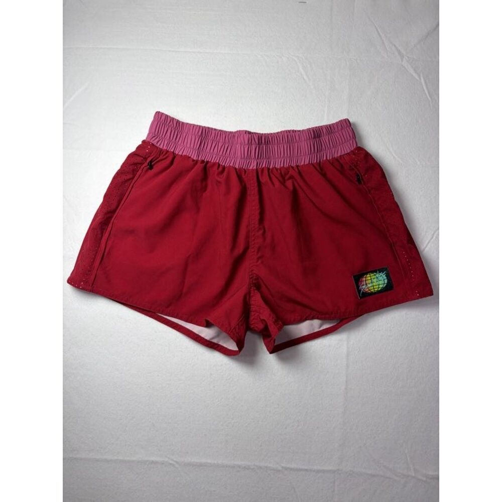 Slunks Athletic Shorts Red Pink Globe Patch Volleyball Beach Boardshorts Women